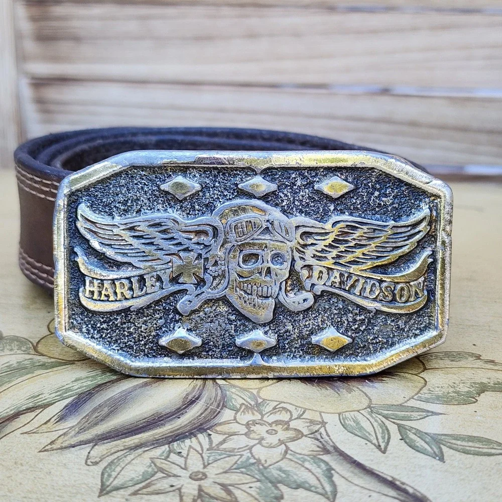 Vtg Harley Davidson 1975 Flying Death Winged Skull Belt Buckle Great American